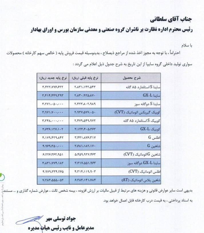 اطلاعیه افزایش قیمت سایپا آبان 1403