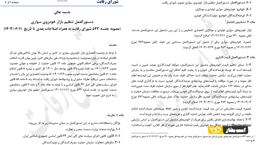 دستورالعمل جدید تنظیم بازار خودرو توسط شورای رقابت شهریور 1404