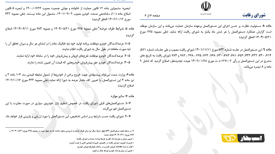 دستورالعمل جدید تنظیم بازار خودرو توسط شورای رقابت شهریور 1404